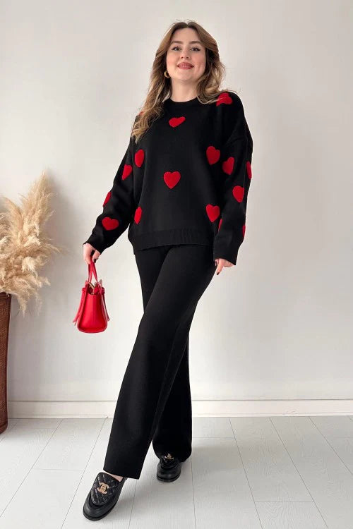Ch-471 Cc Heart printed warm winter fleece co ord Set