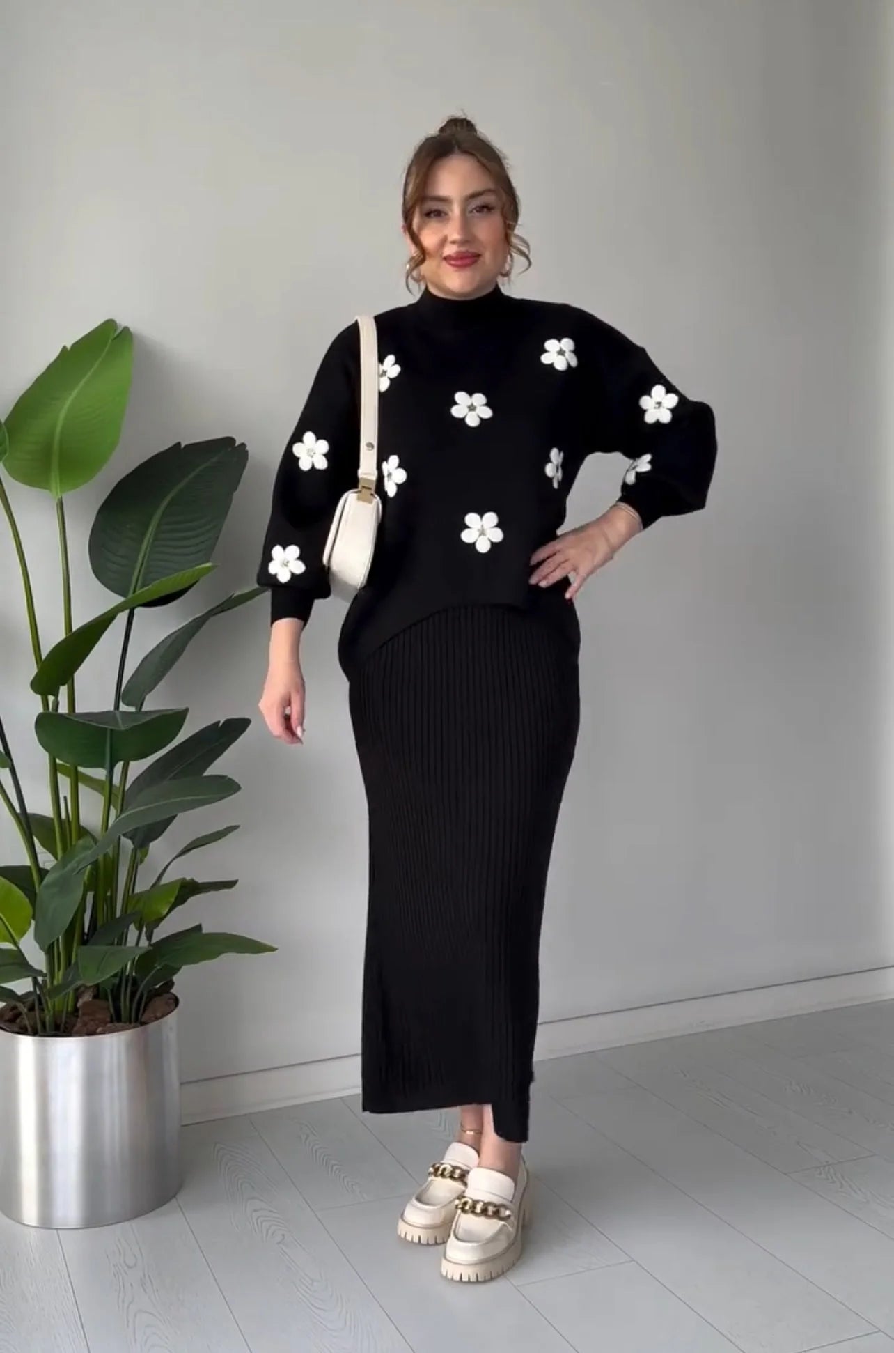 CH 483 Cc Flowers Printed Stretchable Ribbed Fleece Dress