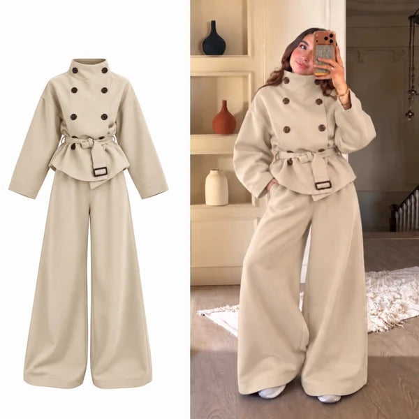 CH - 6149 - Button-Front Belted Fleece Co-ord Set |Cleverclother