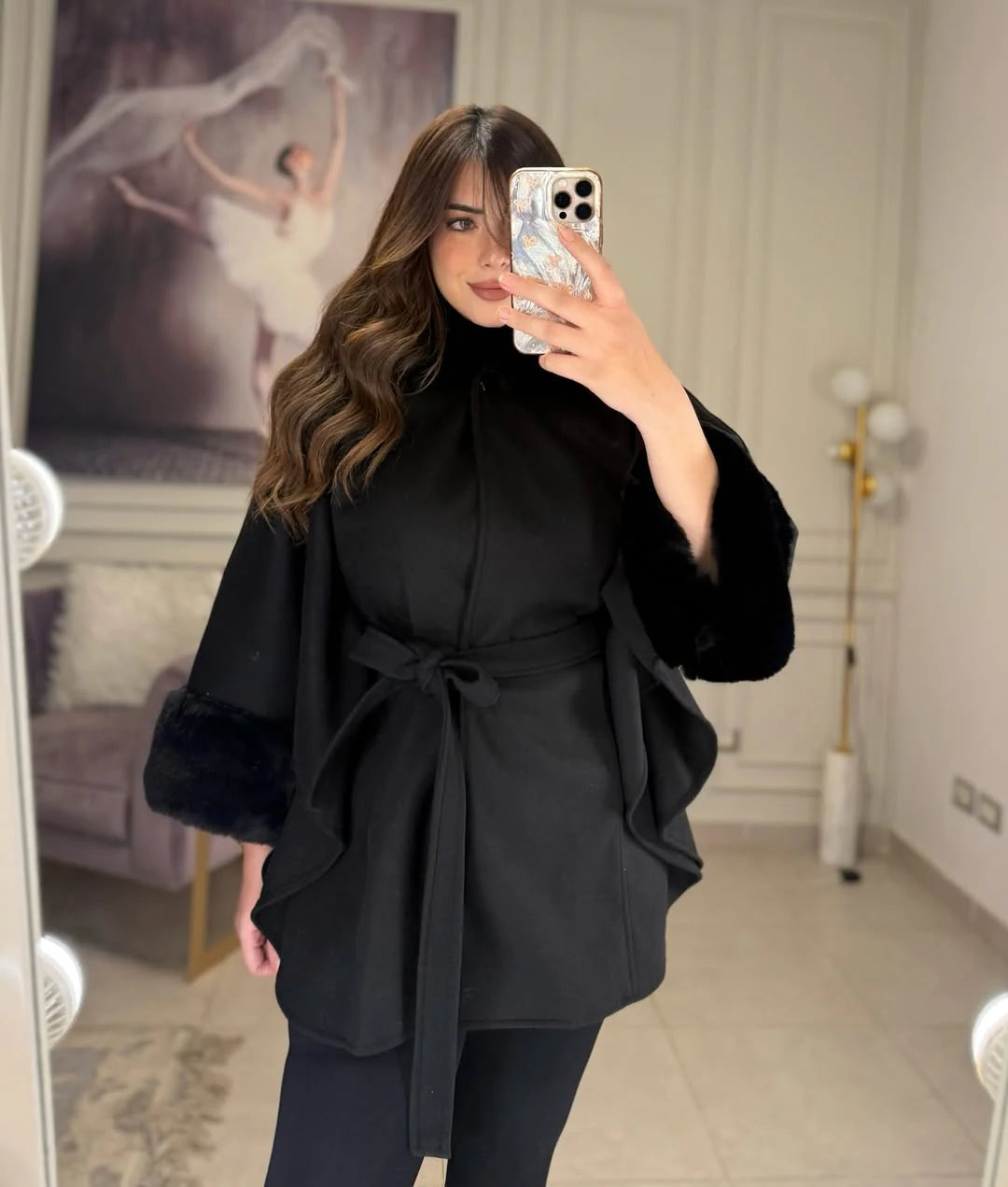 CH 623 - Women’s Elegant Fur Cuff Belted Cape Coat – Winter Fleece