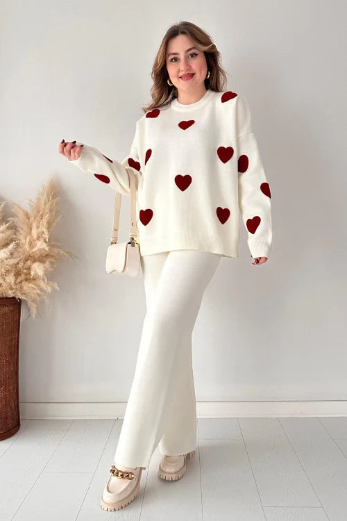 Ch-471 Cc Heart printed warm winter fleece co ord Set