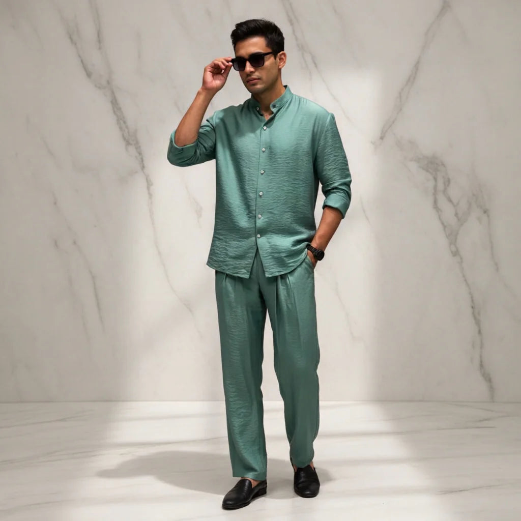 LI-91 |Cc | Shadow Luxe Men’s Co-Ord Set | Mandarin Collar Shirt & Tailored Loose Trouser