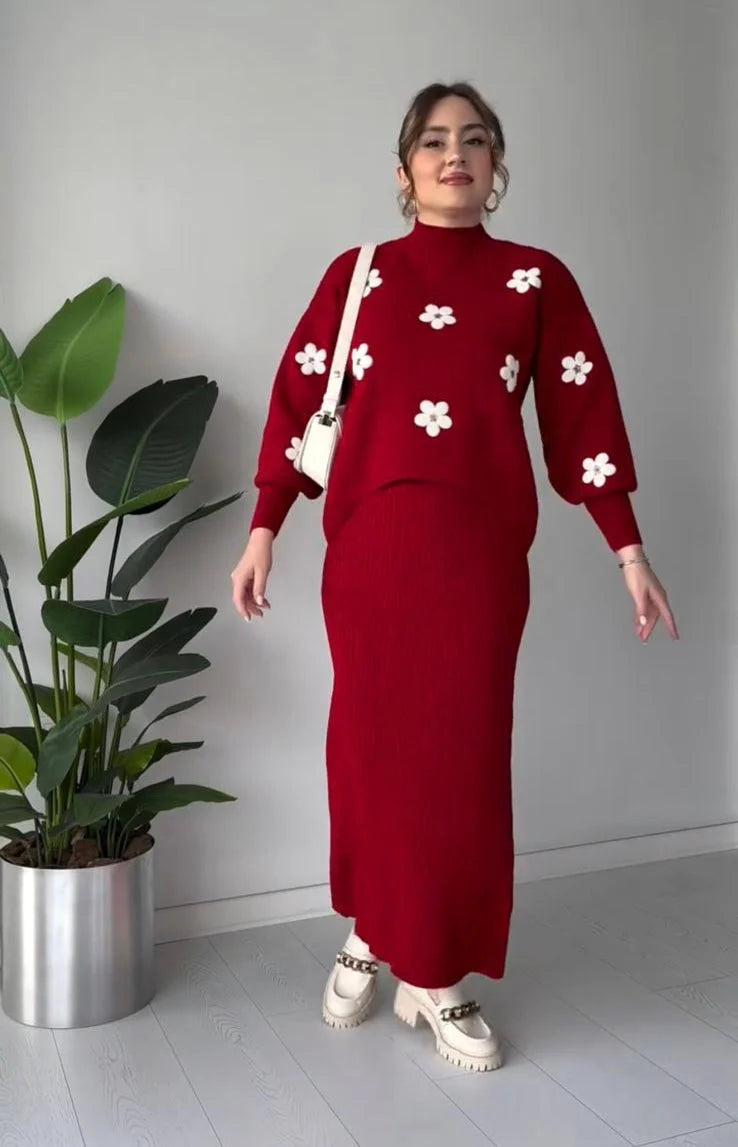 CH 483 Cc Flowers Printed Stretchable Ribbed Fleece Dress