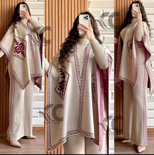 Cc READY TO WEAR WINTER 3 PIECE FLEECE SUIT CAPE SHAWL HIGH NECK & TROUSER CH # 370