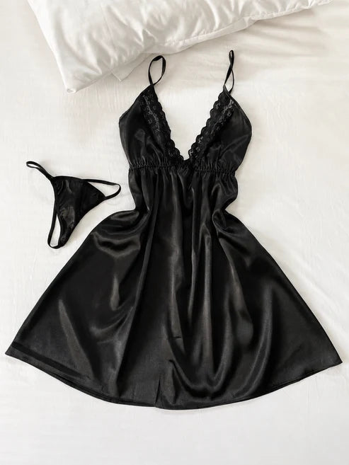 Ch 6089 Luxury Satin Lace Babydoll with Adjustable Thong (2-Piece Set)