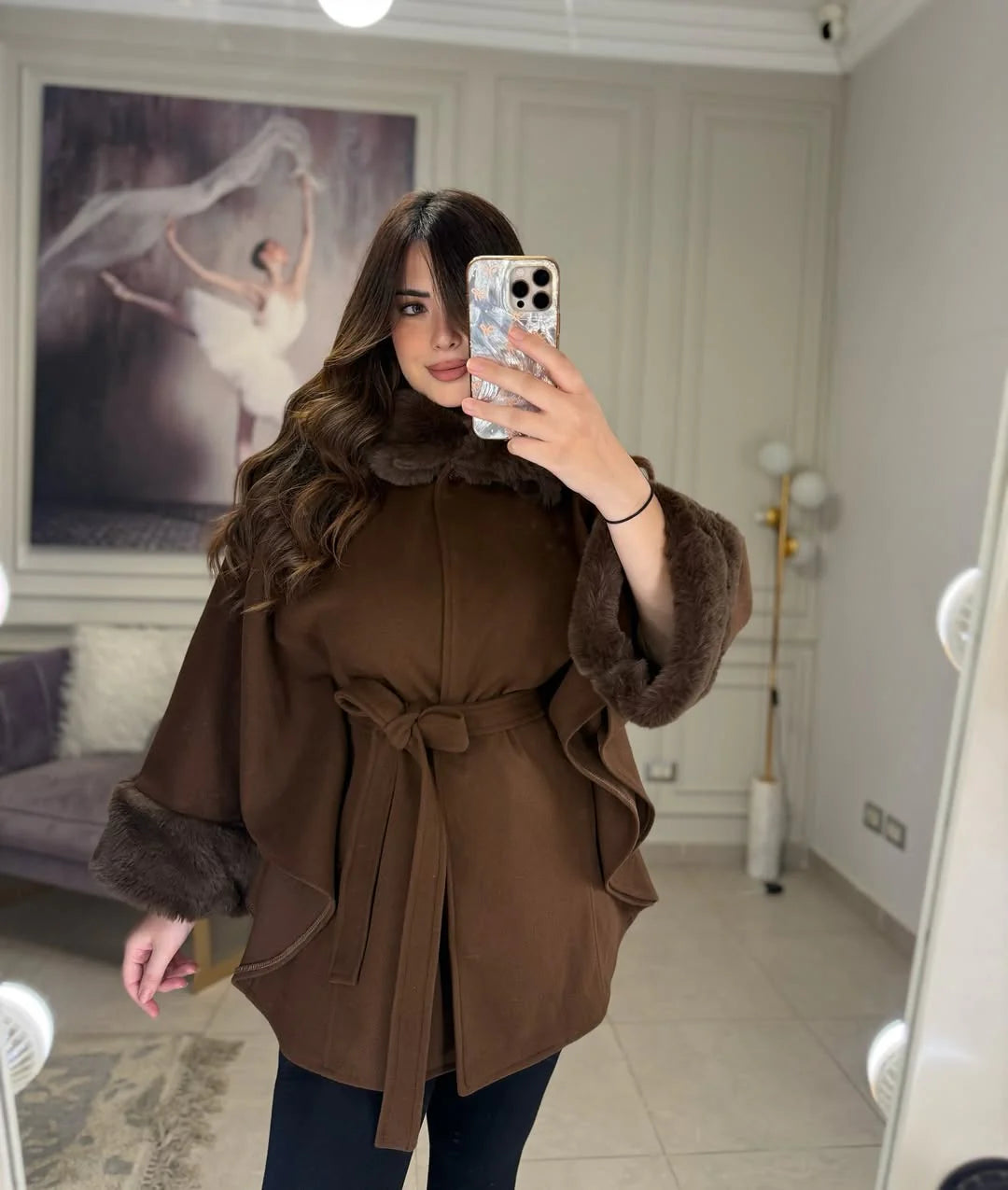 CH 623 - Women’s Elegant Fur Cuff Belted Cape Coat – Winter Fleece