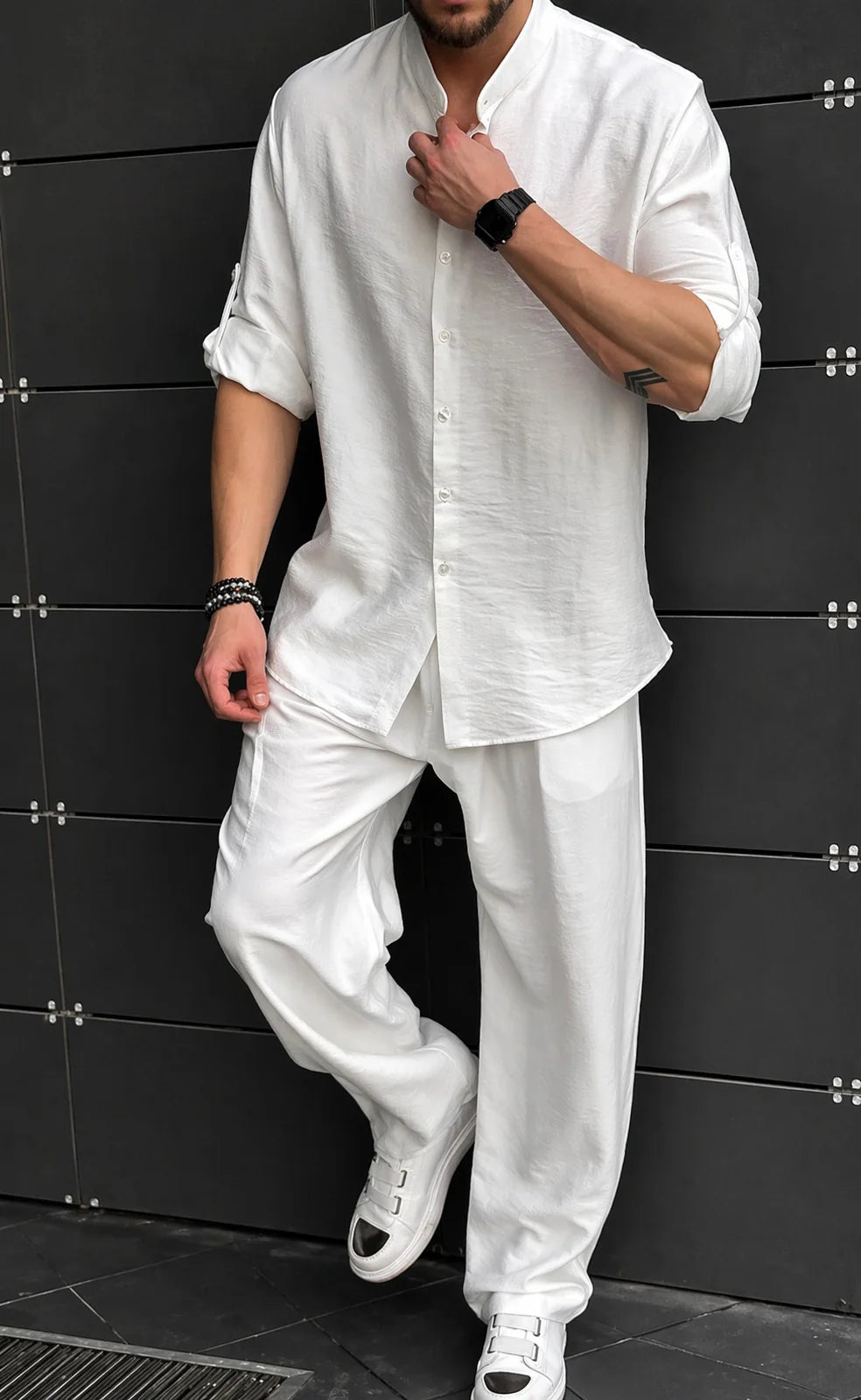 LI-91 |Cc | Shadow Luxe Men’s Co-Ord Set | Mandarin Collar Shirt & Tailored Loose Trouser