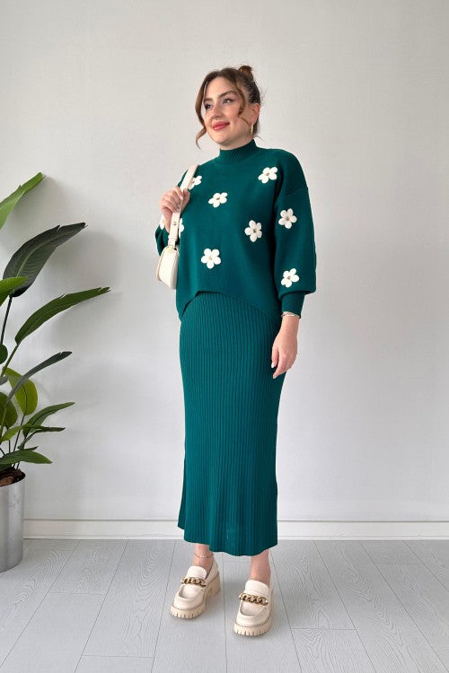 CH 483 Cc  Flowers Printed Stretchable Ribbed Fleece Dress