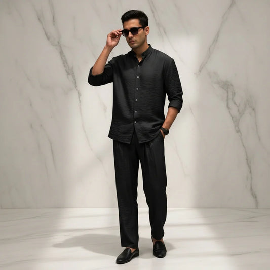 LI-91 |Cc | Shadow Luxe Men’s Co-Ord Set | Mandarin Collar Shirt & Tailored Loose Trouser
