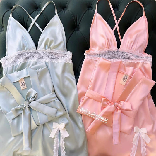 Cc Silk Robe With Long Sleeveless Top 2 Pcs Nightwear P-70