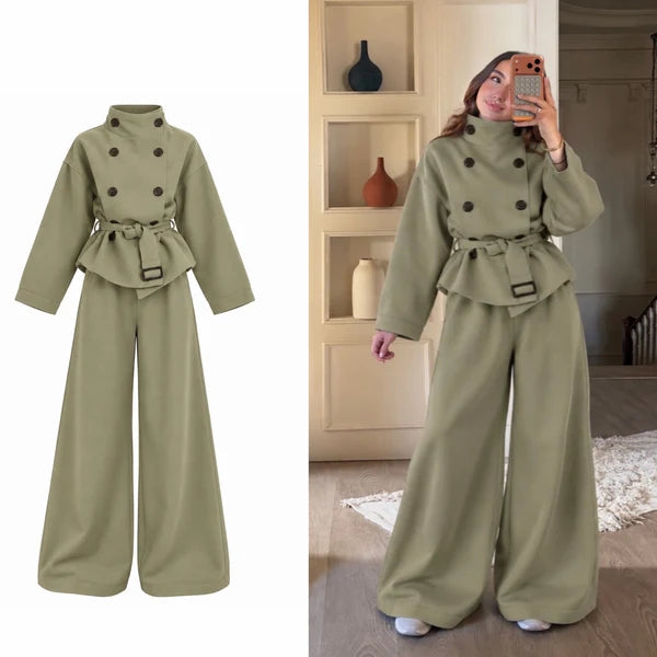 CH - 6149 - Button-Front Belted Fleece Co-ord Set |Cleverclother