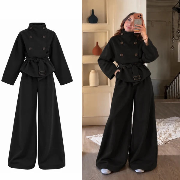 CH - 6149 - Button-Front Belted Fleece Co-ord Set |Cleverclother