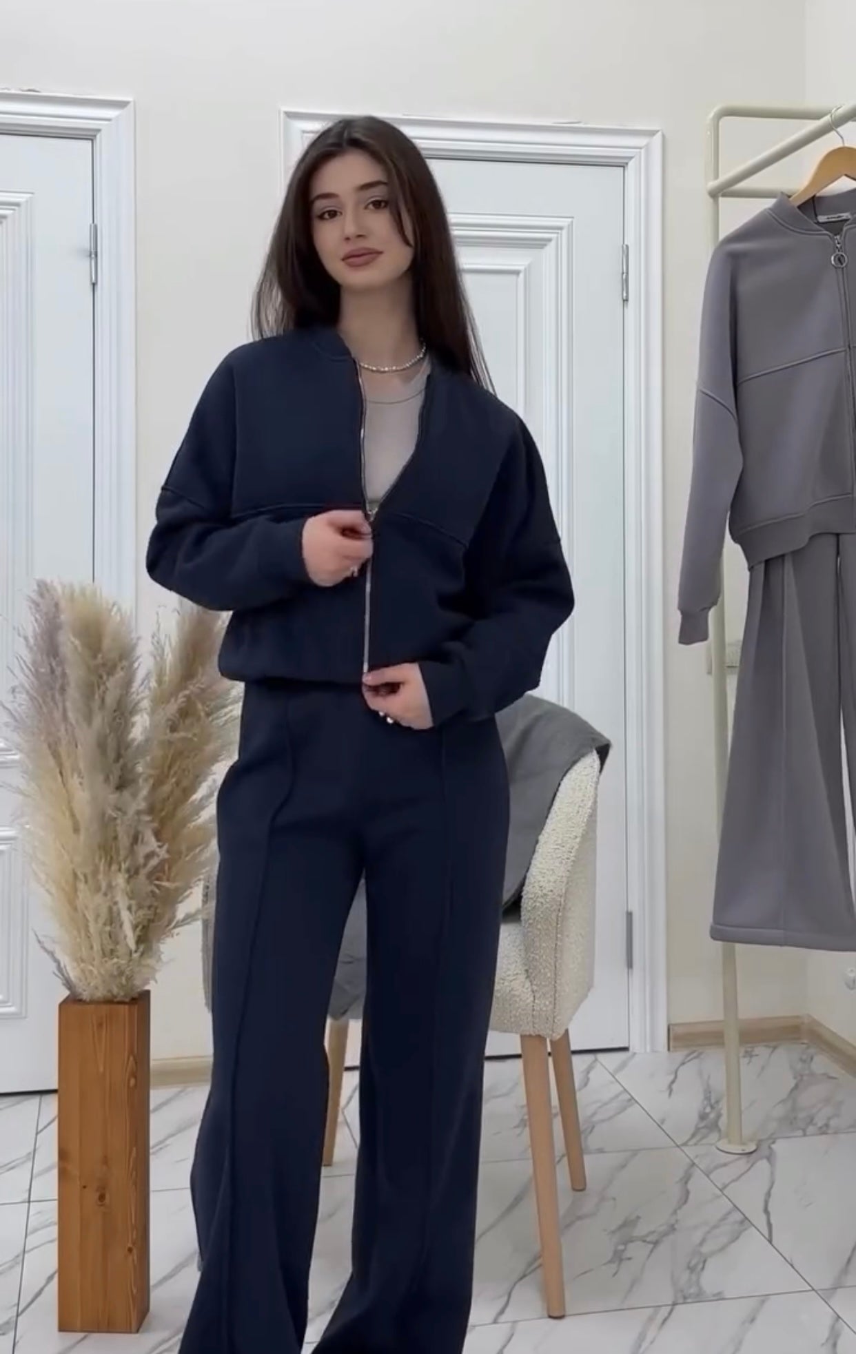 Ch 485 Warm And Fuzzy Zipper Plain Pullover & Sweatpants Set