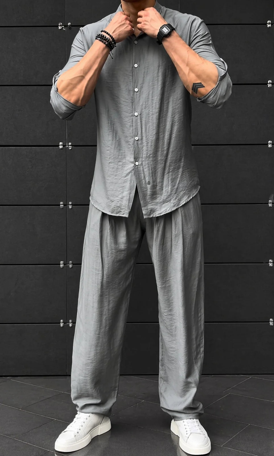 LI-91 |Cc | Shadow Luxe Men’s Co-Ord Set | Mandarin Collar Shirt & Tailored Loose Trouser