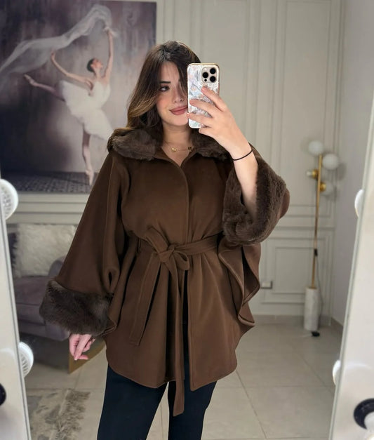 CH 623 - Women’s Elegant Fur Cuff Belted Cape Coat – Winter Fleece