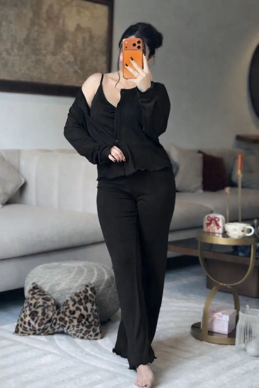 CH 6027 |3 Pcs Button-Down Top & Flared Pants Co-Ord Set