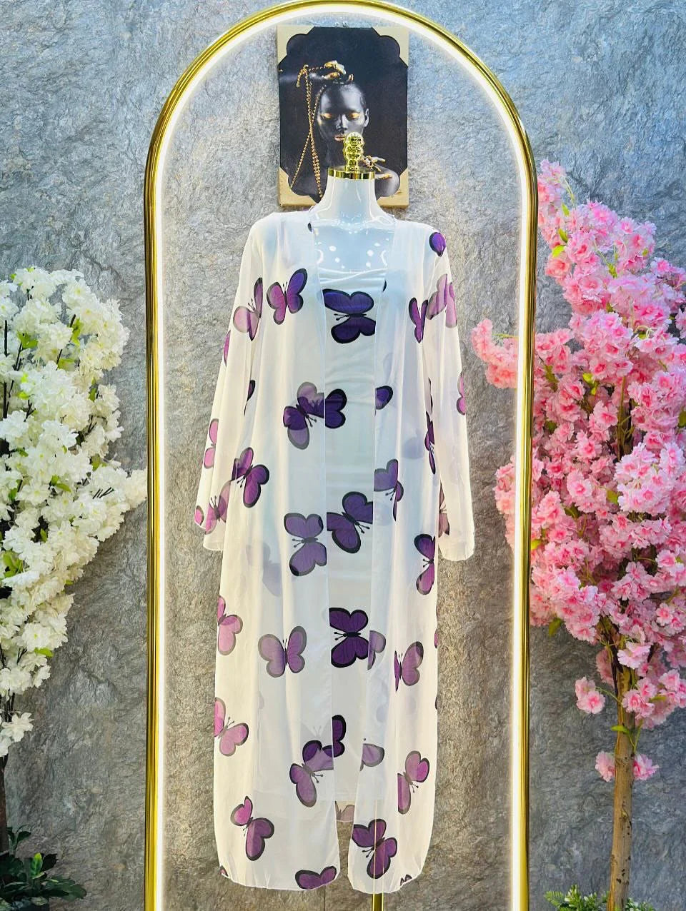 CH 572 2 Piece Butterfly Printed Long Gown Dress