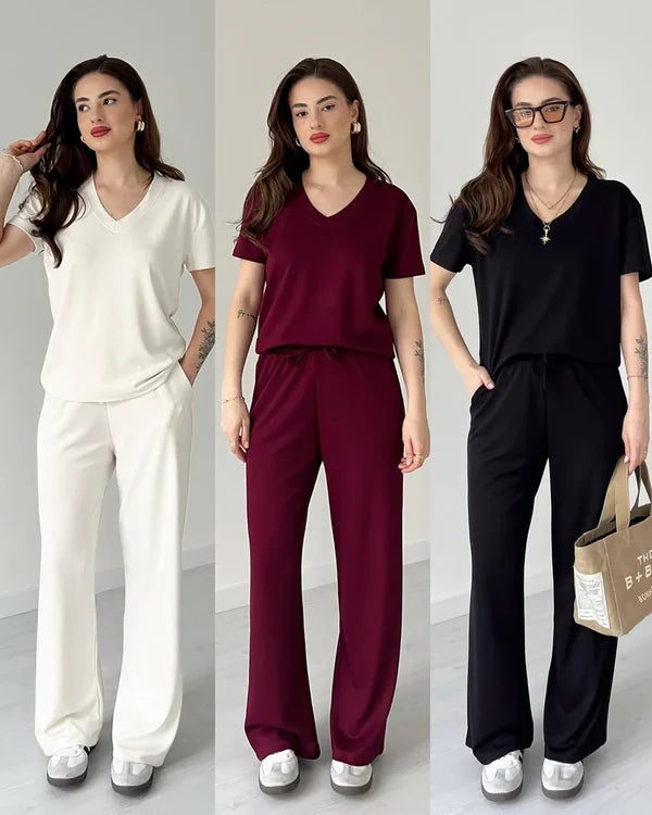 CH-553 Summer Casual Women's V neck Top & Trouser Set |Cleverclother