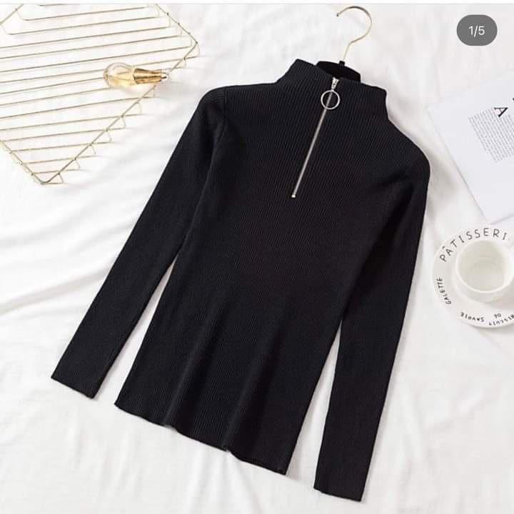 CC Long Sleeve T-Shirt Women High Neck Solid Zip Up 2023 Winter New Basic Pullover Fashion T Shirts CH # 333