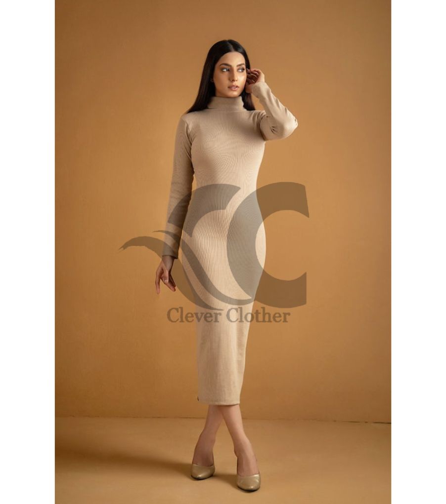 Ch # 361 Ribbed Cotton High Neck Bodycon Dress