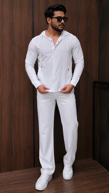 Cleverclother| Men's Linen Look Hooded Shirt Co-Ord