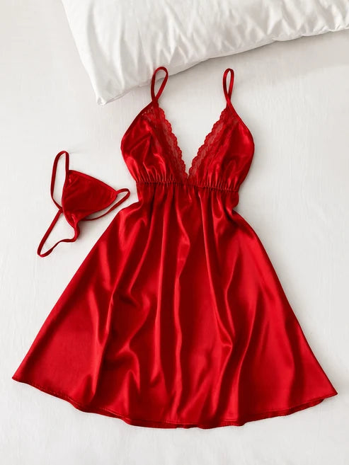 Ch 6089 Luxury Satin Lace Babydoll with Adjustable Thong (2-Piece Set)