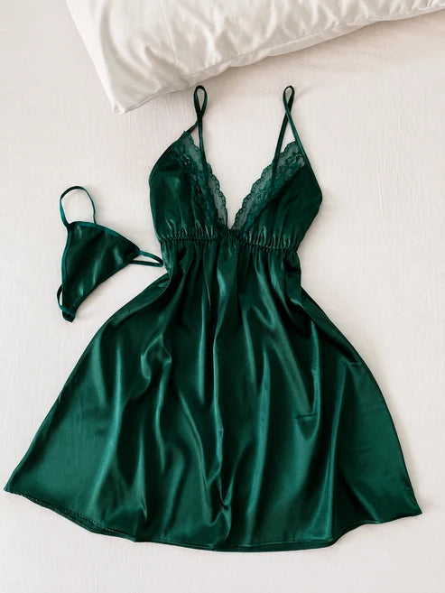 Ch 6089 Luxury Satin Lace Babydoll with Adjustable Thong (2-Piece Set)