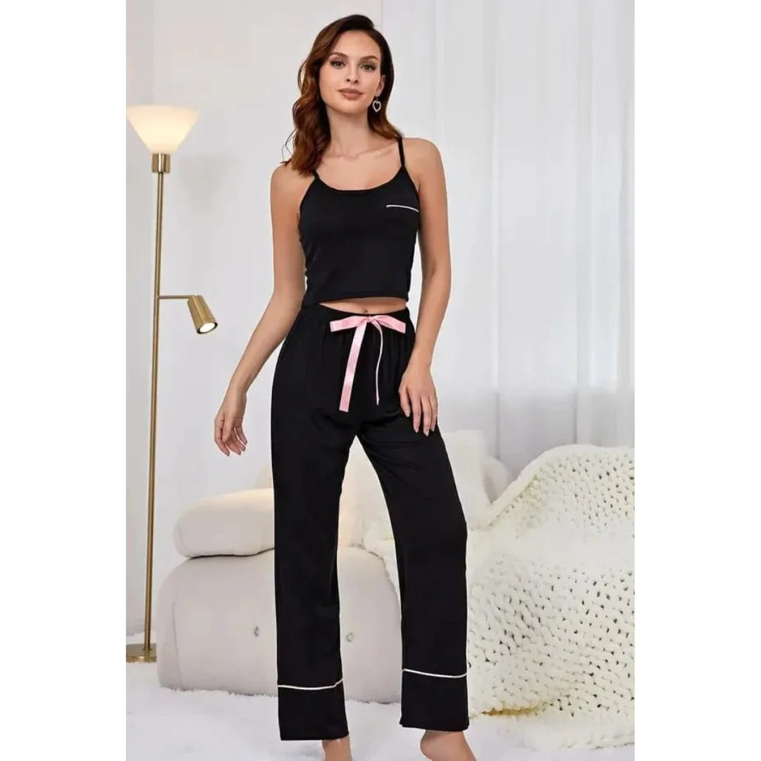 Sling Tops & Lounge Pant Set 2 Pieces Sleeveless Crop Tee With Trousers Summer Sleepwear Tie Waist Home Suit Lounge CH #338