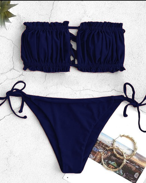 Bikini Set Ruffle Strapless Tie Side Bikini Women High Cut Strapless Low Waisted Bikini CH # 314