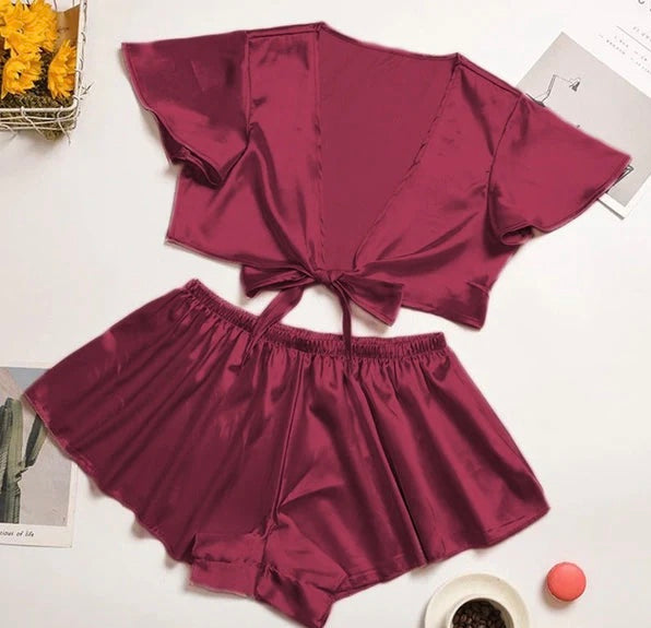 Silk imitation front knot shirt with elastic boxer sleepwear set CHK # p39