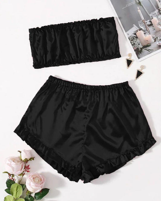 Cc SATIN FRILL TRIM TUBE TOP & SHORTS PJ SET CHK # P48