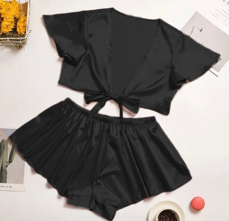 Silk imitation front knot shirt with elastic boxer sleepwear set CHK # p39