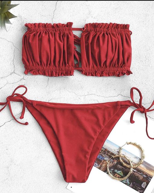 Bikini Set Ruffle Strapless Tie Side Bikini Women High Cut Strapless Low Waisted Bikini CH # 314