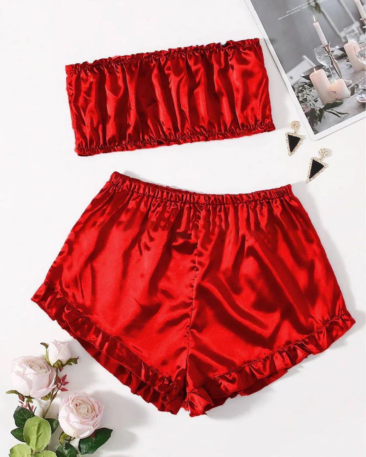 Cc SATIN FRILL TRIM TUBE TOP & SHORTS PJ SET CHK # P48